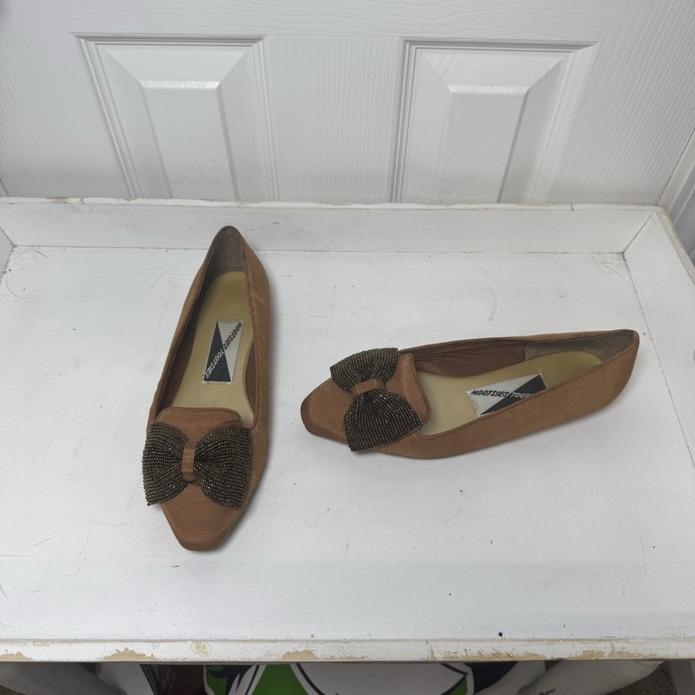 Vintage Mootsies Tootsies Brown Sequin Beaded Bow Flats Size 8M